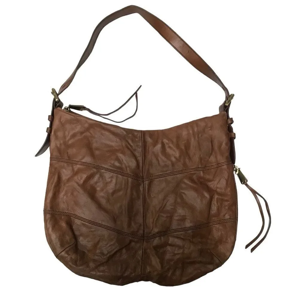 Hobo International Brand Camel Leather Shoulder‎ Bag with Blue Floral Liner